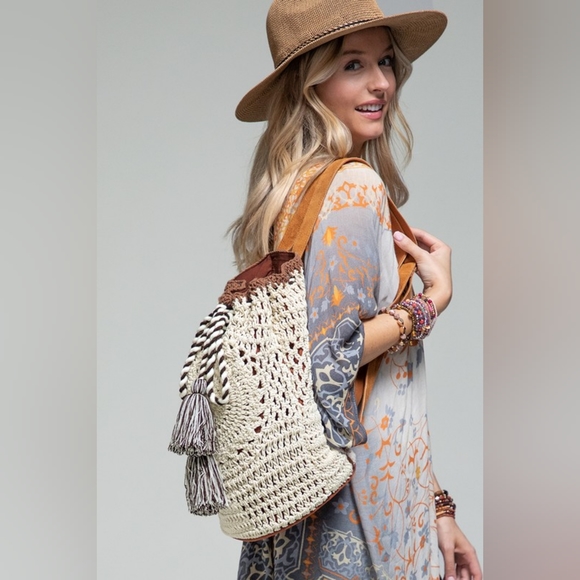 Handmade Crocheted Boho Backpack - Bucket Style - Cloth Backed Leather Straps - Picture 6 of 11